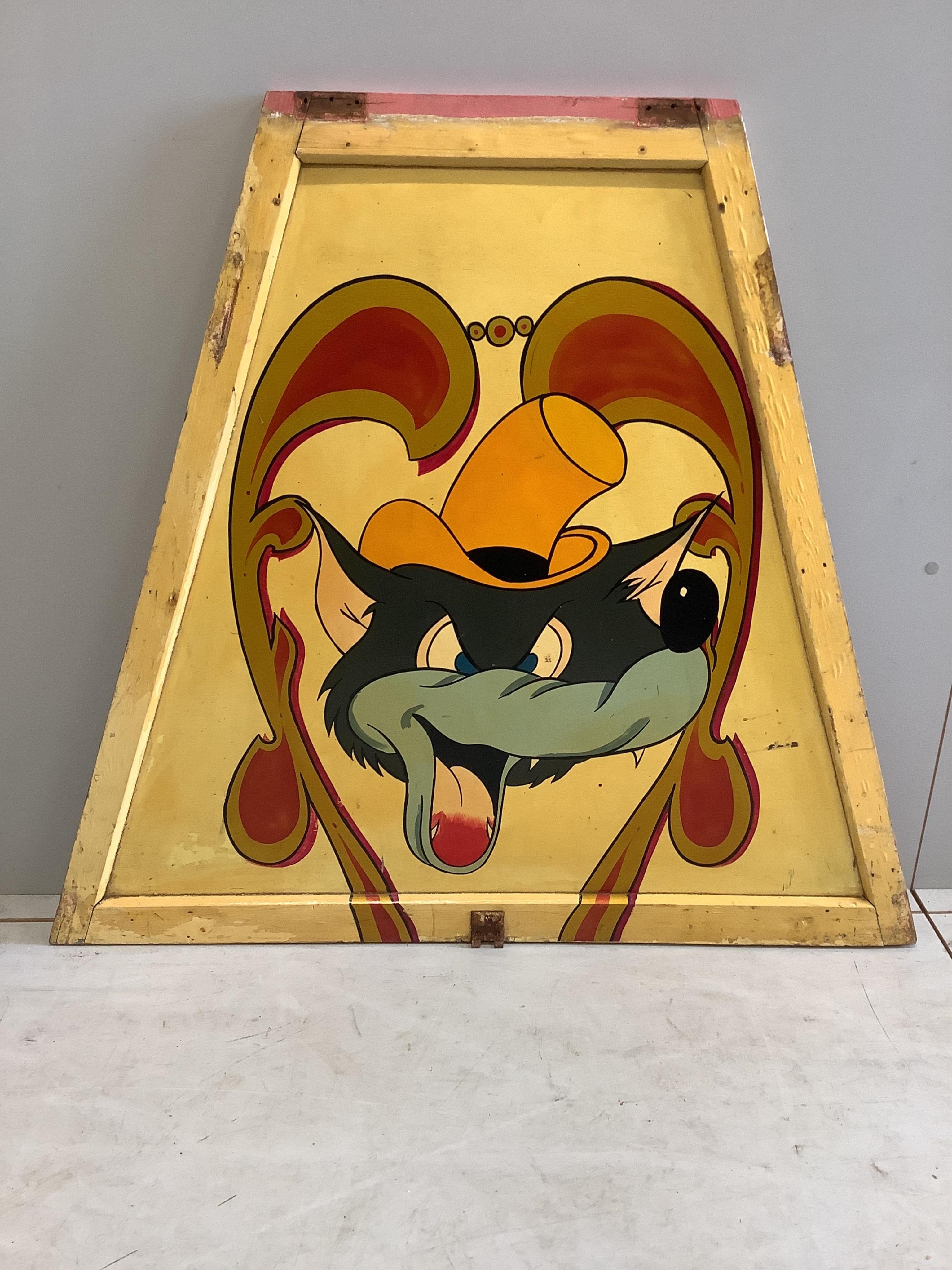 A mid century “Big Bad Wolf” painted wood fairground carousel panel of tapered rectangular form, width 104cm, height 94cm. Condition - fair